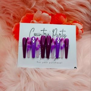 Custom press on nails extra long size medium purple and white with charms